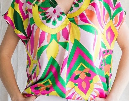 Floral Abstract Print Satin Top- Pink & Yellow Mix on Sale